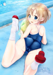 Rule 34 | 1girl, ass, ball, beachball, blue eyes, blue one-piece swimsuit, brown hair, cameltoe, cleft of venus, competition school swimsuit, from behind, kisaragi miyu, looking at viewer, looking back, lying, on stomach, one-piece swimsuit, original, pool, poolside, puddle, school swimsuit, shoes, short hair, socks, solo, swimsuit, twintails, two side up, uwabaki, wet, white socks