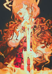 Rule 34 | 1girl, absurdres, animal ears, black background, blood, blood on face, blood on hands, blood splatter, bloody weapon, blunt bangs, closed mouth, curly hair, eyes visible through hair, fire, hand up, highres, holding, holding weapon, jacket, long hair, long sleeves, looking at viewer, open clothes, open jacket, orange eyes, orange hair, red riding hood (sinoalice), senryoko, simple background, sinoalice, smile, solo, standing, weapon