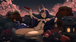 Rule 34 | 1girl, bare shoulders, bath, bathing, blush, bob cut, breasts, cherry blossoms, collarbone, cup, eyeliner, fangs, fate/grand order, fate (series), food, fruit, gourd, grapes, headpiece, highres, horns, japanese clothes, jar, kimono, lantern, leaning back, long sleeves, looking at viewer, makeup, moyu (pixiv1928263), oni, onsen, open clothes, open kimono, open mouth, peach, petals, petals on liquid, pouring, purple eyes, purple hair, purple kimono, revealing clothes, rock, sakazuki, short eyebrows, short hair, shuten douji (fate), skin-covered horns, small breasts, smile, solo, thighs, tree, water, wide sleeves