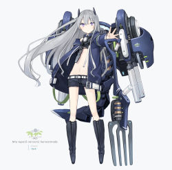 Rule 34 | 1girl, animal ears, belt, black footwear, black shorts, blue coat, blush, boots, character name, closed mouth, coat, fake animal ears, flat chest, floating hair, fork, full body, grey background, grey hair, hair between eyes, holding, holding weapon, long hair, long sleeves, looking at viewer, mecha musume, mechanical tail, midriff, navel, open clothes, open coat, original, outstretched arm, poco (asahi age), purple eyes, short shorts, shorts, shovel, sidelocks, simple background, solo, standing, tail, weapon, white belt