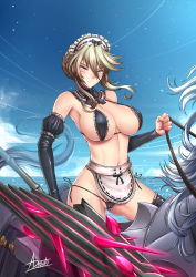 Rule 34 | adsouto, apron, artoria pendragon (fate), artoria pendragon (lancer alter) (fate), bikini, black legwear, blonde hair, breasts, bridal gauntlets, choker, clenched hand, closed mouth, facing viewer, fate/grand order, fate (series), highres, large breasts, maid, maid headdress, midriff, navel, serious, swimsuit, thighhighs, waist apron, yellow eyes