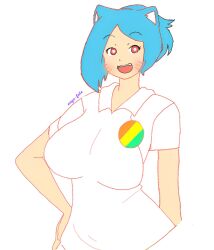 Rule 34 | 1girl, :d, anya-fate91, blue hair, breasts, cartoon network, cat, chibi ventura, hand on own hip, highres, humanization, large breasts, nicole watterson, no sex, open mouth, red eyes, smile, solo, tagme, the amazing world of gumball