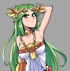 Rule 34 | 1girl, bare shoulders, breasts, closed mouth, commentary, dress, gingrjoke, green eyes, green hair, grey background, hand in own hair, highres, jewelry, kid icarus, kid icarus uprising, large breasts, long hair, looking at viewer, necklace, nintendo, palutena, pendant, smile, solo, strapless, strapless dress, tiara, very long hair