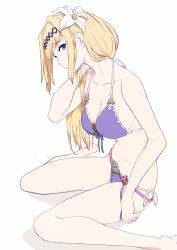 Rule 34 | 1girl, bare shoulders, barefoot, bikini, blonde hair, blue eyes, breasts, cleavage, collarbone, commentary request, flower, from side, front-tie bikini top, front-tie top, granblue fantasy, hair flower, hair ornament, hair over shoulder, hairband, jeanne d&#039;arc (granblue fantasy), long hair, looking at viewer, navel, profile, purple bikini, side-tie bikini bottom, simple background, sitting, sohin, solo, strap gap, string bikini, swimsuit, wariza, white background