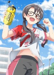 Rule 34 | 1girl, absurdres, arms up, black-framed eyewear, blush, bottle, glasses, haruki (haruki678), highres, holding, holding bottle, idolmaster, idolmaster million live!, lesson wear (idolmaster million live!), long hair, looking at viewer, low twintails, navel, one eye closed, open mouth, outdoors, red eyes, red shirt, shirt, solo, stomach, sweat, takayama sayoko, twintails, two-tone shirt