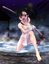 Rule 34 | 1girl, angry, artist request, asymmetrical bangs, asymmetrical hair, black hair, blush, breasts, cleavage, collarbone, convenient censoring, covering privates, covering breasts, covering crotch, dark sky, embarrassed, facing viewer, fighting stance, hair tie, holding, holding sword, holding towel, holding weapon, katana, leg up, long hair, looking at viewer, mahou sensei negima!, medium breasts, negima, night, night sky, nude, onsen, open mouth, outdoors, partially submerged, ponytail, red eyes, sakurazaki setsuna, scabbard, sheath, sheathed, shouting, side ponytail, sky, solo, standing, star (sky), starry sky, steam, sword, tongue, towel, water, weapon