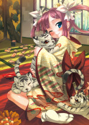 Rule 34 | 1girl, animal ears, blush, bow, card, cat ears, child, flower, hair bow, hair rings, highres, japanese clothes, kimono, koihime musou, one eye closed, shirane taito, sitting, solo, sonshoukou, tiger, wariza, white tiger, wink