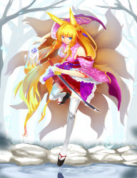 Rule 34 | 1girl, absurdres, animal ears, blonde hair, breasts, cleavage, detached sleeves, energy ball, fox ears, fox tail, full body, hair ornament, highres, katana, large breasts, long hair, misideluting, multiple tails, original, sideboob, solo, sword, tail, thighhighs, very long hair, weapon, white thighhighs