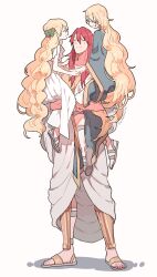 Rule 34 | blonde hair, blue eyes, blush, braid, carrying, carrying person, child carry, closed eyes, earrings, hair ornament, highres, holding hands, jewelry, leaf hair ornament, long hair, magi the labyrinth of magic, mother and son, mu alexius, open mouth, red hair, robe, sandals, scheherazade (magi), simple background, smile, sonomura, titus alexius, tunic, very long hair, white background