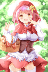 Rule 34 | 1girl, :d, apron, basket, braid, bread, breasts, brown eyes, capelet, collared shirt, commentary request, dress shirt, flower, food, frilled apron, frills, highres, hood, hood up, hooded capelet, hoshizaki akari, looking at viewer, medium breasts, ongeki, open mouth, pink hair, red capelet, red skirt, shirt, skirt, smile, solo, thighhighs, twin braids, underbust, waist apron, white apron, white shirt, white thighhighs, xenon (for achieve), yellow flower