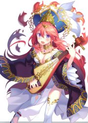 Rule 34 | 1girl, :d, absurdres, biwa lute, breasts, cleavage, collar, collarbone, fire, floating hair, gold trim, hair between eyes, hat, highres, holding, holding instrument, instrument, jewelry, long hair, long sleeves, looking at viewer, lute (instrument), mary drake, medium breasts, necklace, off shoulder, open mouth, pelvic curtain, pirate hat, plectrum, purple eyes, red hair, rie (reverie), scan, sidelocks, smile, solo, standing, standing on one leg, thighhighs, thighs, uchi no hime-sama ga ichiban kawaii, very long hair, white thighhighs, wide sleeves
