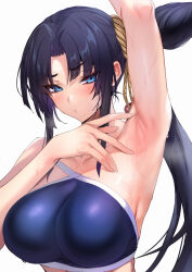 Rule 34 | 1girl, alternate breast size, arm up, armpits, bare shoulders, bikini, black hair, blue bikini, blue eyes, breasts, fate/grand order, fate (series), hair bun, highres, large breasts, long hair, looking at viewer, parted bangs, presenting armpit, side ponytail, sidelocks, single hair bun, single side bun, solo, spread armpit, swimsuit, ulrich (tagaragakuin), ushiwakamaru (fate), ushiwakamaru (fate/grand order), ushiwakamaru (swimsuit assassin) (fate), ushiwakamaru (swimsuit assassin) (first ascension) (fate), very long hair, wet, white background