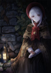 Rule 34 | 1girl, ascot, bloodborne, bonnet, cloak, doll joints, emon (glossy black), expressionless, grey eyes, joints, lantern, leaf, looking at viewer, own hands together, plain doll, solo, white hair