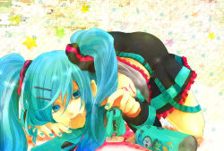 Rule 34 | 1008 (noble), 1girl, all fours, aqua eyes, aqua hair, bad id, bad pixiv id, chiba (noble), chips (food), detached sleeves, eating, figure, food, hair ornament, hairclip, hatsune miku, long hair, mouth hold, necktie, scrunchie, skirt, solo, twintails, vocaloid