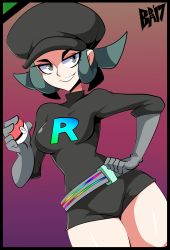 Rule 34 | 1girl, 2017, belt, bigdead, black border, black hat, border, breasts, creatures (company), dated, dutch angle, game freak, gloves, green eyes, green hair, grey gloves, half-closed eyes, hand on own hip, hand up, hat, highres, holding, holding poke ball, looking to the side, matching hair/eyes, medium breasts, nintendo, npc trainer, poke ball, pokemon, pokemon usum, purple background, shiny skin, short hair, short jumpsuit, simple background, smile, solo, standing, team rainbow rocket, team rainbow rocket grunt, teeth, text focus, thick thighs, thighs, watermark