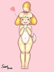 Rule 34 | 1girl, animal crossing, animal ears, animal hands, artist name, bell, blonde hair, blush stickers, breasts, buck teeth, closed eyes, collarbone, covering breasts, covering privates, dog ears, dog girl, dog tail, female focus, full body, furry, furry female, hair bell, hair ornament, hair tie, hands on own chest, hands up, happy, heart, highres, isabelle (animal crossing), jingle bell, jpeg artifacts, legs together, navel, nervous, nintendo, no pussy, nude, open mouth, pink background, short hair, signature, simple background, small breasts, smile, solo, standing, suenbroe, sweat, tail, teeth, topknot