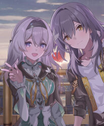 Rule 34 | 2girls, :d, black hairband, black jacket, blue pupils, blush, closed mouth, collared shirt, cropped jacket, firefly (honkai: star rail), game screenshot background, grey hair, hair between eyes, hair intakes, hairband, hand up, heart, highres, holding hands, honkai: star rail, honkai (series), jacket, long hair, long sleeves, looking at viewer, multiple girls, neckerchief, open clothes, open jacket, open mouth, orange neckerchief, purple eyes, shirt, sidelocks, smile, stelle (honkai: star rail), trailblazer (honkai: star rail), w, white shirt, yellow eyes, yuri, zd24