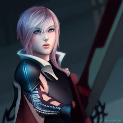 Rule 34 | 10s, 1girl, armor, audia pahlevi, blue eyes, cape, final fantasy, final fantasy xiii, lightning farron, lightning returns: final fantasy xiii, looking at viewer, pink hair, popped collar, solo, sword, upper body, weapon