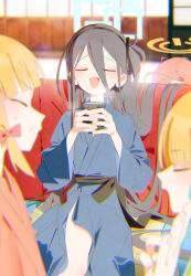 Rule 34 | 4girls, absurdres, alternate costume, aris (blue archive), bath yukata, black hair, blonde hair, blue archive, blush, bm tol, closed eyes, cup, feet out of frame, hair between eyes, halo, highres, holding, holding cup, indoors, japanese clothes, kimono, long hair between eyes, midori (blue archive), momoi (blue archive), multiple girls, one side up, siblings, single bare leg, sisters, sitting, smile, solo focus, steam, twins, yukata, yuzu (blue archive)