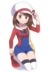 Rule 34 | 1girl, asatsuki (fgfff), blue overalls, blush, bow, brown eyes, brown hair, cabbie hat, closed mouth, cosplay, creatures (company), eyelashes, full body, game freak, gloria (pokemon), hand on headwear, hat, hat bow, highres, kneeling, lyra (pokemon), lyra (pokemon) (cosplay), nintendo, overalls, pokemon, pokemon hgss, pokemon swsh, red bow, red footwear, red shirt, shirt, shoes, short hair, simple background, smile, solo, split mouth, thighhighs, white background, white hat, yellow bag