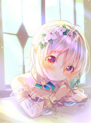 Rule 34 | 1girl, absurdres, antenna hair, bare shoulders, blush, clenched hands, detached sleeves, dress, flower, hair between eyes, hair flower, hair ornament, highres, indoors, kokkoro (princess connect!), looking at viewer, moeno uni, pointy ears, princess connect!, red hair, short hair, sidelocks, silver hair, smile, solo, sunlight, white dress, window