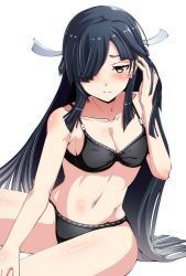 Rule 34 | 10s, 1girl, bare legs, bare shoulders, black bra, black hair, black panties, blush, body blush, bondo (borndragon), borndragon, bra, breasts, brown eyes, cleavage, collarbone, hair ribbon, hayashimo (kancolle), highres, hime cut, kantai collection, long hair, looking at viewer, navel, panties, ribbon, simple background, solo, underwear, underwear only, white background
