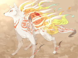 Rule 34 | amaterasu (ookami), anbivarens, bad id, bad pixiv id, beige background, bodypaint, fire, no humans, ookami (game), orb, simple background, solo, standing
