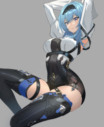 Rule 34 | 1girl, arms up, blue hair, blue necktie, breasts, covered navel, deatheach, eula (genshin impact), genshin impact, hairband, highres, leotard, looking at viewer, medium breasts, necktie, short hair, sitting, solo, thighhighs, yellow eyes