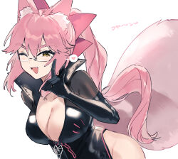 Rule 34 | 1girl, animal ear fluff, animal ears, black bodysuit, blush, bodysuit, bow, breasts, center opening, cleavage, fate/grand order, fate (series), fox ears, fox girl, fox shadow puppet, fox tail, glasses, hair between eyes, hair bow, highres, hip vent, koyanskaya (assassin) (first ascension) (fate), koyanskaya (fate), large breasts, long hair, looking at viewer, one eye closed, open mouth, pink bow, pink hair, ponytail, rizu033, sidelocks, smile, solo, tail, tamamo (fate), yellow eyes
