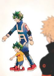 Rule 34 | 3boys, absurdres, aged down, bakugou katsuki, blonde hair, blue pants, blue shorts, blue track suit, blurry, blurry foreground, boku no hero academia, child, clenched hand, cross-laced footwear, crying, freckles, from behind, from side, gloves, green eyes, green hair, high collar, highres, kkkkkn31, looking at another, looking to the side, male focus, midoriya izuku, multiple boys, open hand, open mouth, outstretched arm, outstretched hand, pants, profile, red footwear, shirt, short sleeves, shorts, simple background, spiked hair, tears, track suit, u.a. gym uniform, walking, white background, white gloves, yellow shirt