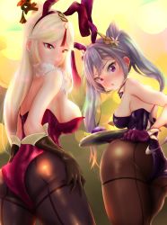 Rule 34 | 2girls, animal ears, artist request, ass, bare shoulders, blush, breasts, carrying, fake animal ears, from behind, genshin impact, gloves, hair ornament, hairpin, highres, keqing (genshin impact), large breasts, leotard, long hair, looking down, multiple girls, ningguang (genshin impact), open mouth, pantyhose, playboy bunny, purple eyes, purple hair, rabbit ears, red eyes, shiny clothes, shiny skin, sideboob, silver hair, smile, twintails, very long hair