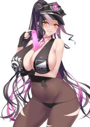 Rule 34 | 1girl, bare shoulders, between breasts, black hair, black panties, blush, breasts, cleavage, clothes writing, collarbone, cowboy shot, facial mark, fate/grand order, fate (series), forehead mark, gloves, hat, highres, huge breasts, kuavera, long hair, looking at viewer, navel, necktie, panties, peaked cap, pink necktie, police, police uniform, policewoman, ponytail, revealing clothes, sessyoin kiara, sessyoin kiara (swimsuit mooncancer), sessyoin kiara (swimsuit mooncancer) (second ascension), simple background, smile, solo, standing, tagme, tattoo, torn clothes, torn legwear, underwear, uniform, very long hair, wavy hair, white background, yellow eyes