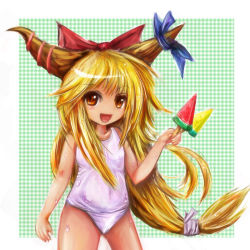 Rule 34 | 1girl, bad id, bad pixiv id, blonde hair, dot heit, female focus, food, horns, ibuki suika, long hair, low-tied long hair, name connection, object namesake, one-piece swimsuit, popsicle, red eyes, school swimsuit, solo, swimsuit, touhou, watermelon bar, white one-piece swimsuit, white school swimsuit