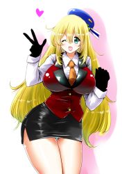 Rule 34 | 1girl, atago (kancolle), beret, black gloves, blonde hair, blush, breasts, cosplay, gloves, green eyes, hat, heart, idolmaster, impossible clothes, kantai collection, large breasts, long hair, miniskirt, one eye closed, open mouth, pencil skirt, perepere-kun, royale style (idolmaster), skirt, smile, solo, totoki airi, uniform