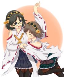 Rule 34 | 10s, 2girls, ^ ^, bare shoulders, black hair, black legwear, blue eyes, blush, boots, breasts, brown hair, closed eyes, detached sleeves, closed eyes, female focus, frilled skirt, frills, glasses, green-framed eyewear, hairband, headgear, hiei (kancolle), hug, ichiman nisen yen, japanese clothes, kantai collection, kirishima (kancolle), medium breasts, multiple girls, nontraditional miko, open mouth, pantyhose, personification, plaid, plaid skirt, ribbon-trimmed sleeves, ribbon trim, short hair, shy, skirt, smile, surprised, thigh boots, thighhighs, wavy mouth, yuri