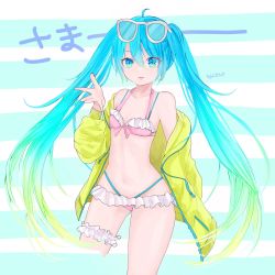 Rule 34 | 1girl, ahoge, bikini, blonde hair, blue eyes, blue hair, breasts, cleavage, collarbone, cropped legs, eyewear on head, floating hair, frilled bikini, frills, gradient hair, hair between eyes, hatsune miku, highres, jacket, katorea, long hair, long sleeves, looking at viewer, multicolored hair, navel, off shoulder, open clothes, open jacket, open mouth, pink bikini, small breasts, solo, standing, striped, striped background, swimsuit, thigh strap, very long hair, vocaloid, white-framed eyewear, yellow jacket
