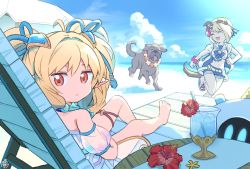 Rule 34 | 2girls, ^ ^, animal ears, beach umbrella, belt, blonde hair, botamochi (exwelder), chair, closed eyes, cloud, crop top, cup, dog, dog ears, dog girl, dog tail, drinking glass, closed eyes, flower, garjana, granblue fantasy, hibiscus, hurricane glass, joy (granblue fantasy), long hair, looking at viewer, lounge chair, mahira (granblue fantasy), multiple girls, navel, open mouth, outdoors, reclining, red eyes, robot, running, sailor collar, short hair, shorts, signature, smile, solo focus, table, tail, twintails, umbrella, vajra (granblue fantasy), vajra (summer) (granblue fantasy), wreath