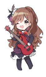 Rule 34 | 1girl, 417 (ionxx417), ;d, bang dream!, bass guitar, black choker, black eyes, black feathers, black footwear, boots, brooch, brown hair, chibi, choker, detached sleeves, dress, earrings, feather hair ornament, feathers, full body, hair ornament, half updo, imai lisa, instrument, jewelry, long hair, looking at viewer, neck ribbon, one eye closed, open mouth, purple feathers, red ribbon, ribbon, simple background, smile, solo, white background