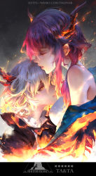 Rule 34 | 1boy, 1girl, arknights, ch&#039;en (arknights), character name, closed eyes, clothing request, fire, from side, gradient background, grey background, half-closed eyes, highres, horns, multicolored hair, orange eyes, pink hair, purple hair, simple background, sparks, tagme, talulah (arknights), train hb, watermark, web address, white hair
