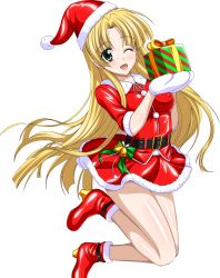 Rule 34 | 10s, 1girl, asia argento, belt, blonde hair, boots, box, gift, gift box, gloves, green eyes, hat, high heels, high school dxd, highres, long hair, looking at viewer, miniskirt, neck ribbon, one eye closed, open mouth, red footwear, red hat, red skirt, ribbon, santa boots, santa costume, santa hat, shiny skin, shoes, skirt, solo, transparent background, very long hair, white gloves, white ribbon