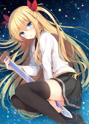 Rule 34 | 1girl, between legs, black skirt, black thighhighs, blonde hair, blue eyes, blush, eyebrows, fingernails, floating hair, from above, hair between eyes, hair ribbon, hand between legs, holding, holding sword, holding weapon, in water, jacket, long fingernails, long hair, looking at viewer, lying, necktie, no shoes, on side, original, parted lips, partially submerged, red necktie, red ribbon, reflection, ribbon, ripples, shiromikan, skirt, sky, solo, star (sky), starry sky, sword, thighhighs, two side up, very long hair, water, weapon, wet, wet clothes, white jacket, zettai ryouiki