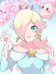 Rule 34 | 1girl, :d, ayaka 00709, bare shoulders, blonde hair, blue dress, blue eyes, brooch, cherry blossoms, commentary, crown, dress, earrings, hair over one eye, highres, jewelry, long bangs, long hair, looking at viewer, luma (mario), mario (series), nintendo, off-shoulder dress, off shoulder, open mouth, petals, rosalina, smile, star (symbol), star brooch, star earrings, super mario galaxy, symbol-only commentary, upper body