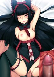 Rule 34 | 10s, 1boy, 1girl, arm up, armpits, bare shoulders, bed sheet, black hair, black thighhighs, blunt bangs, bow, breasts, censored, clothing aside, cross-section, detached collar, eye contact, garter straps, gate - jieitai ka no chi nite kaku tatakaeri, hair bow, happy sex, hetero, highres, hime cut, long hair, looking at another, looking at viewer, lying, medium breasts, mosaic censoring, nipples, on back, one eye closed, open mouth, panties, panties aside, penis, pov, precum, red eyes, rory mercury, sex, single thighhigh, solo focus, spread legs, thighhighs, tongue, tony guisado, underwear, vaginal, very long hair