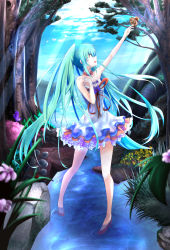 Rule 34 | 1girl, aqua hair, arm up, bug, butterfly, day, dress, flower, hatsune miku, highres, bug, long hair, open mouth, reaching, realdragon, sky, solo, squirrel, tree, twintails, very long hair, vocaloid
