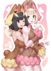 Rule 34 | 2girls, ;), absurdres, animal ears, black eyes, black hair, blonde hair, blush, breasts, commentary request, cosplay, creatures (company), fake animal ears, game freak, gen 4 pokemon, green eyes, highres, hug, hug from behind, lillie (pokemon), looking at another, lopunny, lopunny (cosplay), medium breasts, mizuumi (bb), multiple girls, nintendo, one eye closed, open mouth, pokemon, pokemon sm, selene (pokemon), short hair, smile, yuri
