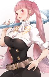 Rule 34 | 1girl, axe, breasts, fire emblem, fire emblem: three houses, garreg mach monastery uniform, highres, hilda valentine goneril, kurosususu, large breasts, looking at viewer, nintendo, open mouth, pink eyes, pink hair, simple background, sleeves rolled up, smile, solo, twintails, uniform, white background