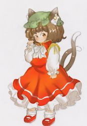 Rule 34 | 1girl, animal ears, asato (aikiprpr), bad id, bad pixiv id, brown hair, cat ears, cat tail, chen, dress, earrings, frilled dress, frills, hat, jewelry, multiple tails, nekomata, orange eyes, short hair, single earring, smile, solo, tail, touhou, two tails