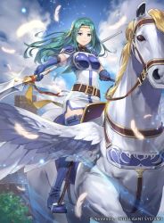 Rule 34 | 1girl, aqua hair, armor, belt, blue eyes, boots, breastplate, circlet, closed mouth, cloud, company name, copyright name, day, dress, elbow gloves, feathered wings, feathers, fiora, fiora (fire emblem), fire emblem, fire emblem: the blazing blade, fire emblem cipher, gloves, hmk84, holding, holding weapon, long hair, looking at viewer, nintendo, official art, outdoors, pegasus, pegasus knight uniform (fire emblem), polearm, riding, short dress, shoulder armor, shoulder pads, sky, smile, solo, spear, thigh boots, thighhighs, weapon, wings, zettai ryouiki