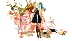 Rule 34 | 2girls, abstract, absurdly long hair, arms at sides, black dress, black footwear, blonde hair, blue eyes, boots, closed mouth, collarbone, cross-laced footwear, dress, expressionless, closed eyes, flat chest, flower, frilled dress, frills, full body, gradient hair, hatsune miku, highres, juexing (moemoe3345), kagamine rin, long hair, looking at viewer, lying, multicolored hair, multiple girls, on back, pale skin, pink hair, plant, short sleeves, standing, thigh boots, thighhighs, twintails, very long hair, vocaloid