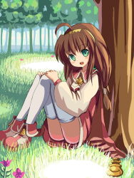 Rule 34 | 1girl, ahoge, brown hair, cape, full body, grass, green eyes, hairband, hakkotsu shitai, jewelry, lilka eleniak, long hair, long sleeves, looking at viewer, low-tied long hair, open mouth, shoes, sitting, skirt, smile, solo, thighhighs, tree, wild arms, wild arms 2, yellow hairband